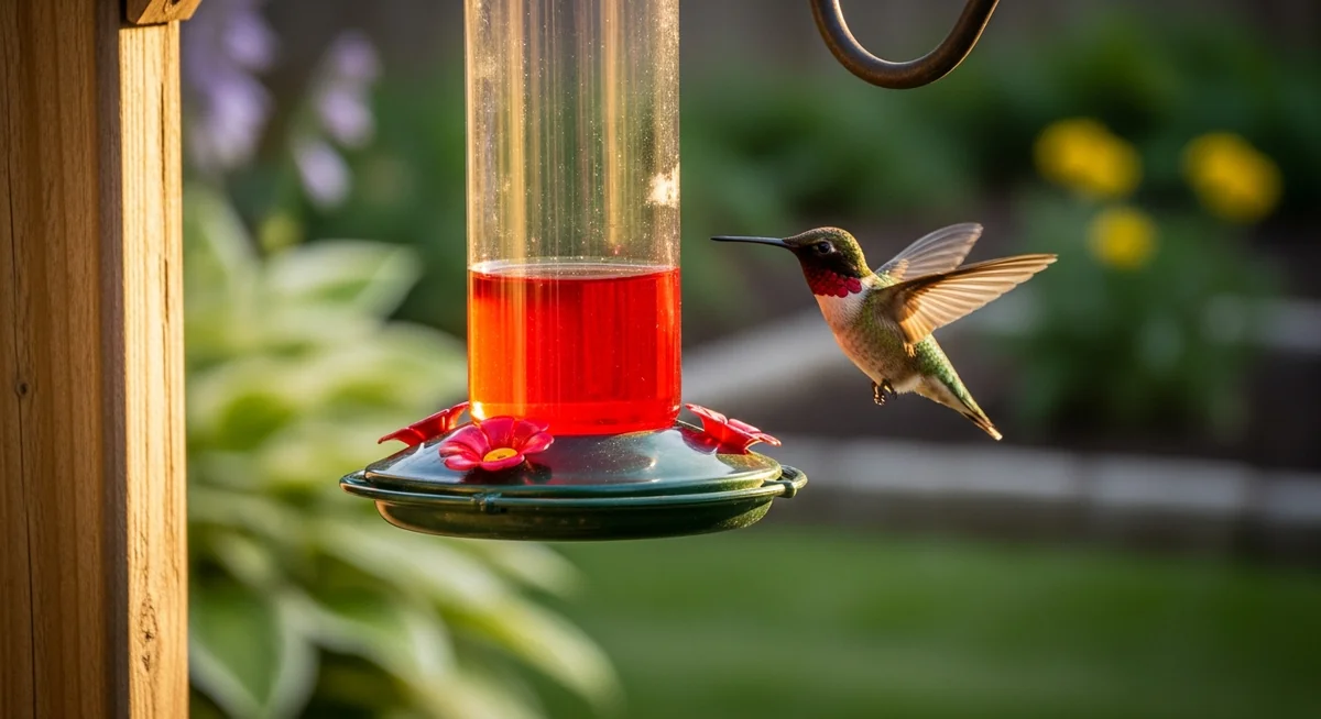 Ruby-throated hummingbird hovering at glass hummingbird feeder in backyard garden
