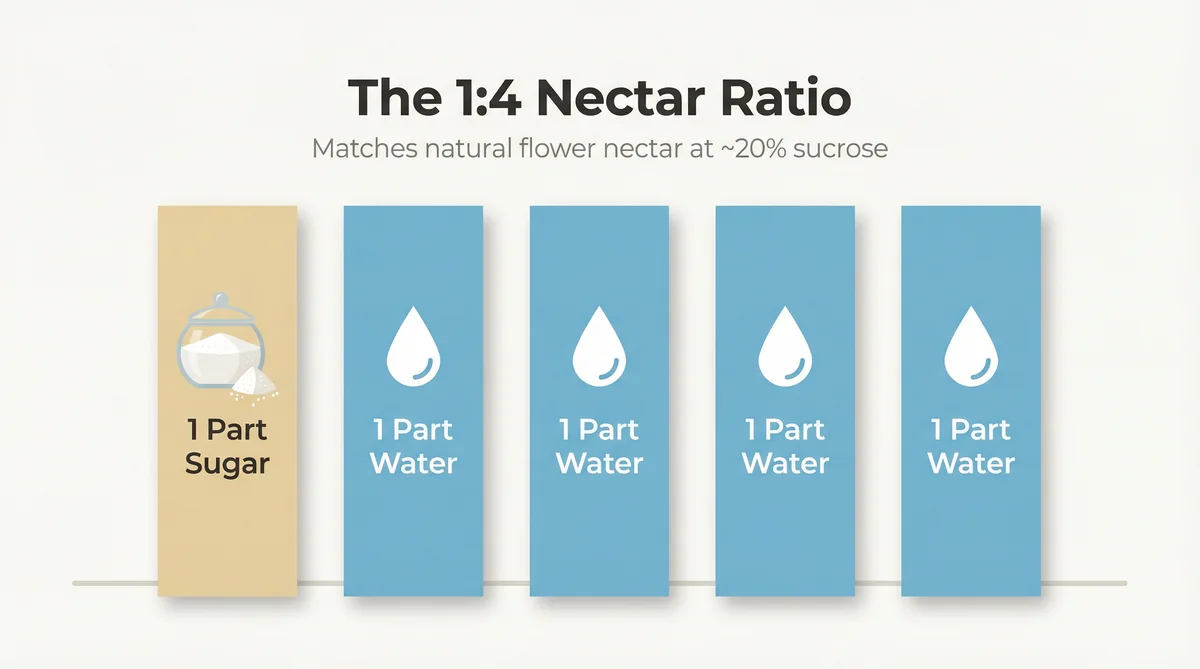 Infographic diagram showing one part sugar to four parts water hummingbird nectar ratio