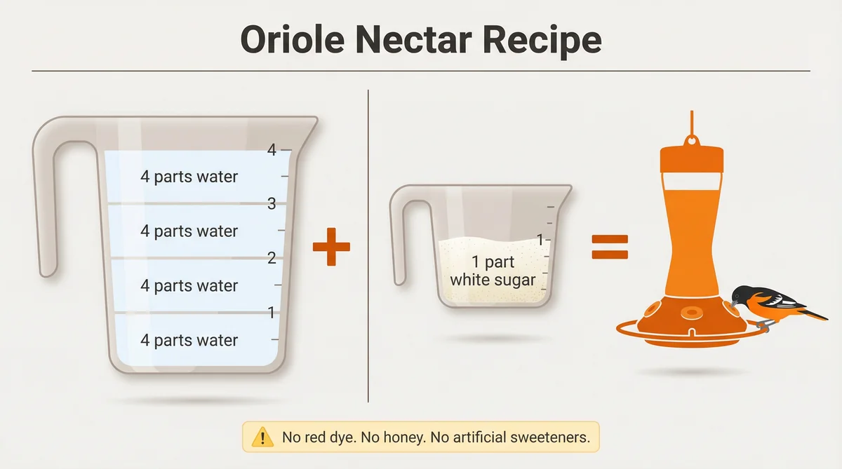 Infographic showing four-to-one water to sugar ratio for homemade oriole nectar recipe