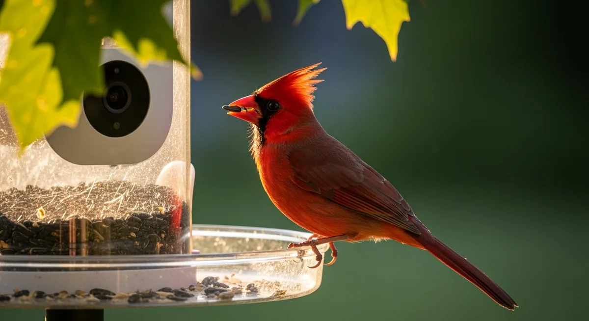 Male Northern Cardinal feeding at smart AI bird feeder in morning sunlight