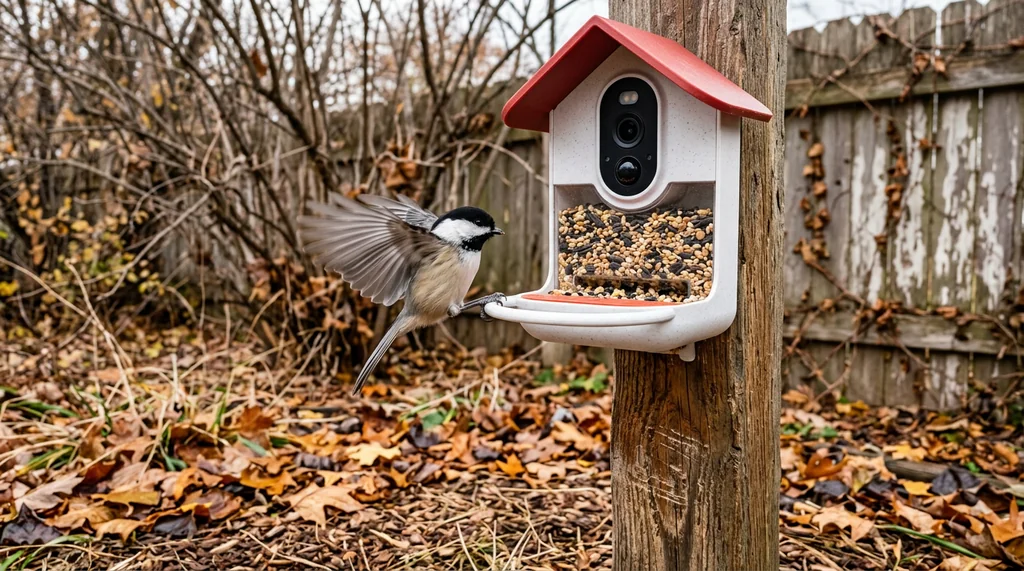 Black-capped chickadee landing on Bird Buddy smart feeder in autumn backyard
