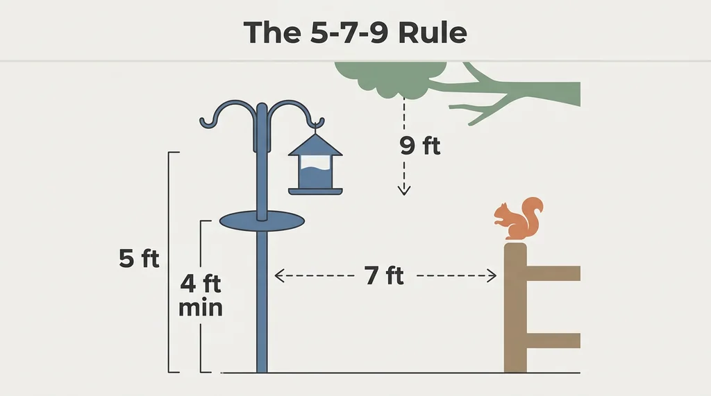 Diagram showing 5-7-9 rule for squirrel-proof bird feeder pole placement distances