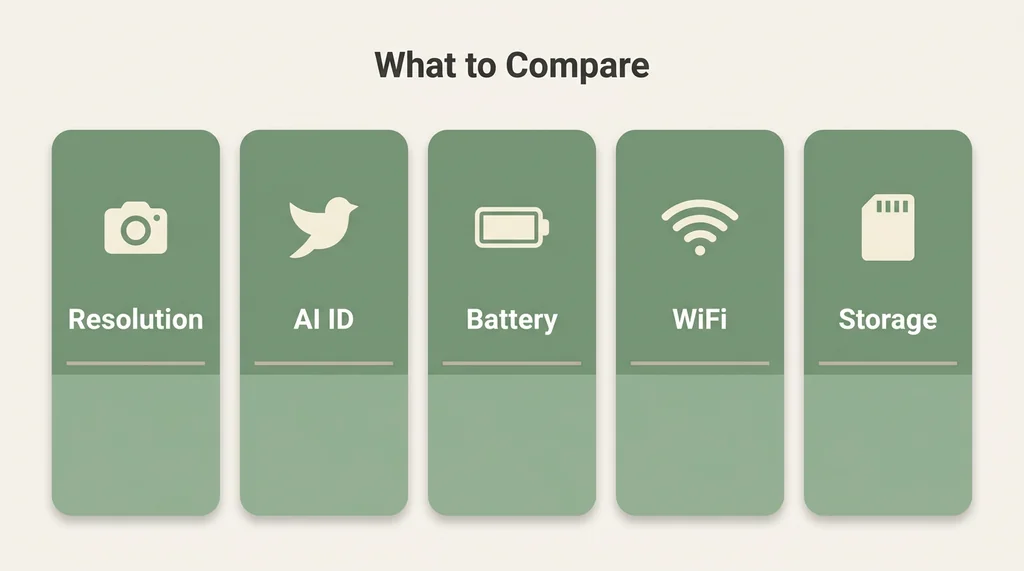 Five-category infographic showing key bird feeder camera comparison criteria including AI and storage