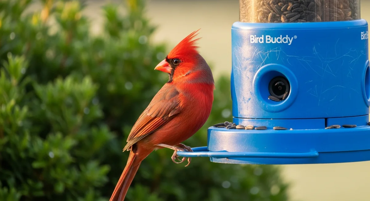 Male Northern Cardinal perched on Bird Buddy smart feeder during early morning feeding ritual