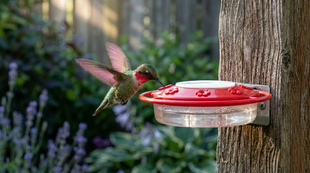 Ruby-throated hummingbird hovering at red Bird Buddy smart feeder in morning garden light