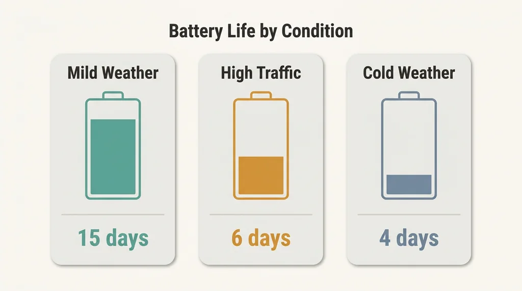 Infographic comparing smart bird feeder battery life across mild, high-traffic, and cold weather conditions