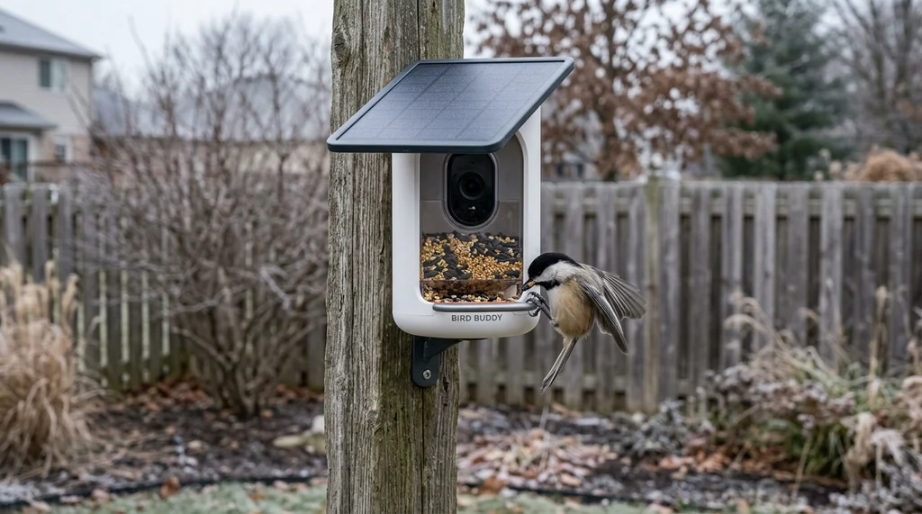 Bird Buddy smart feeder with solar roof and chickadee perched at seed port