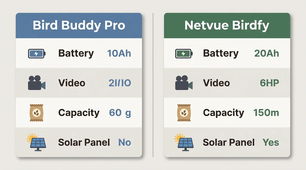 Side-by-side spec comparison infographic for Bird Buddy Pro and Netvue Birdfy smart feeders