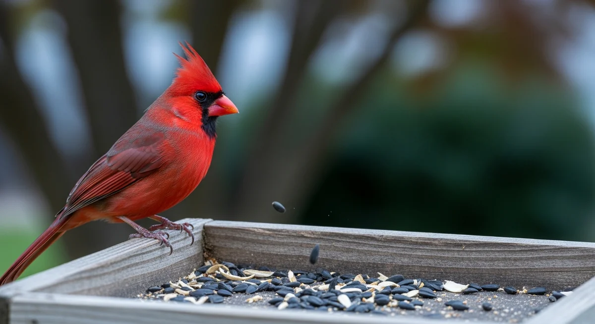 Northern Cardinal perched on platform bird feeder scanning surroundings during morning feeding