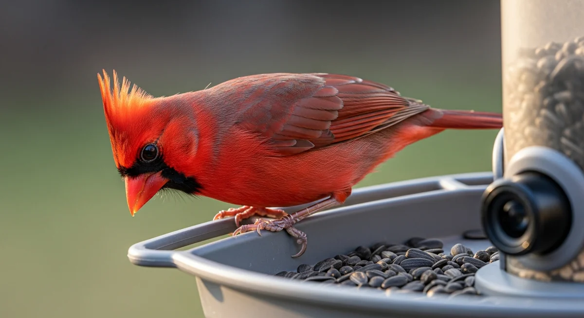 Young girl captivated by cardinal bird image on tablet screen in morning kitchen light
