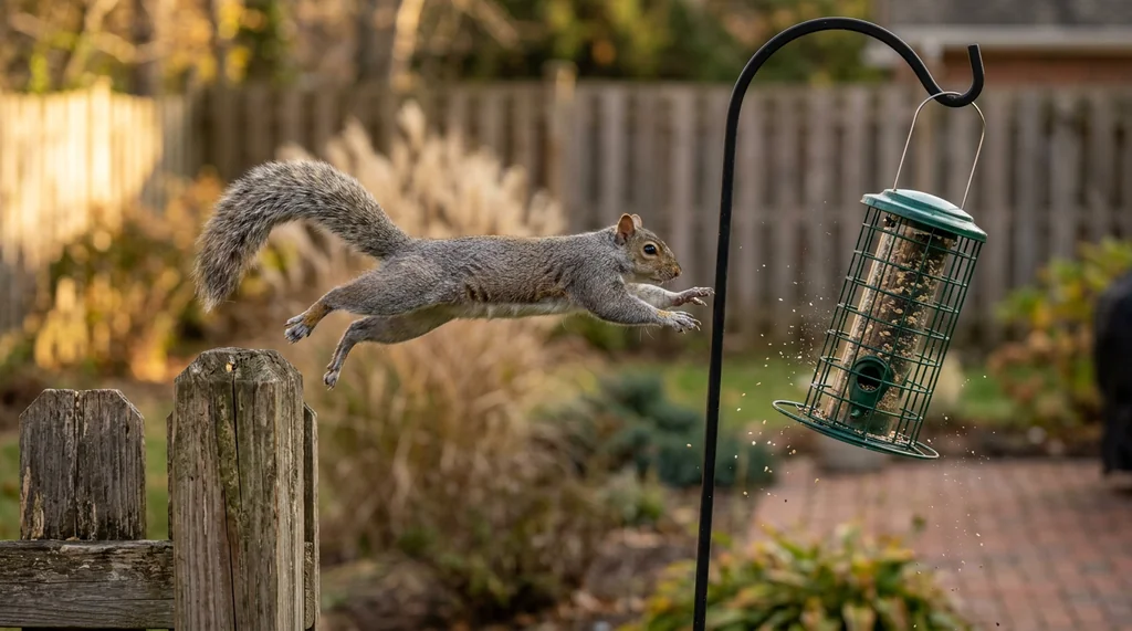 Gray squirrel leaping toward a caged tube bird feeder in autumn backyard