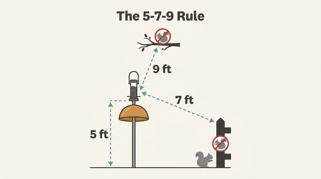 Diagram showing five, seven, and nine foot squirrel-proof bird feeder placement measurements